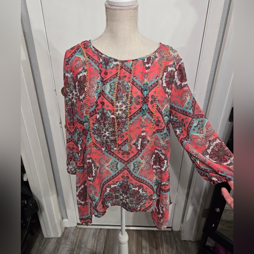 Umgee Top Tunic Women's Sz M Pink Paisley Sheer Boho Asymmetrical Hem